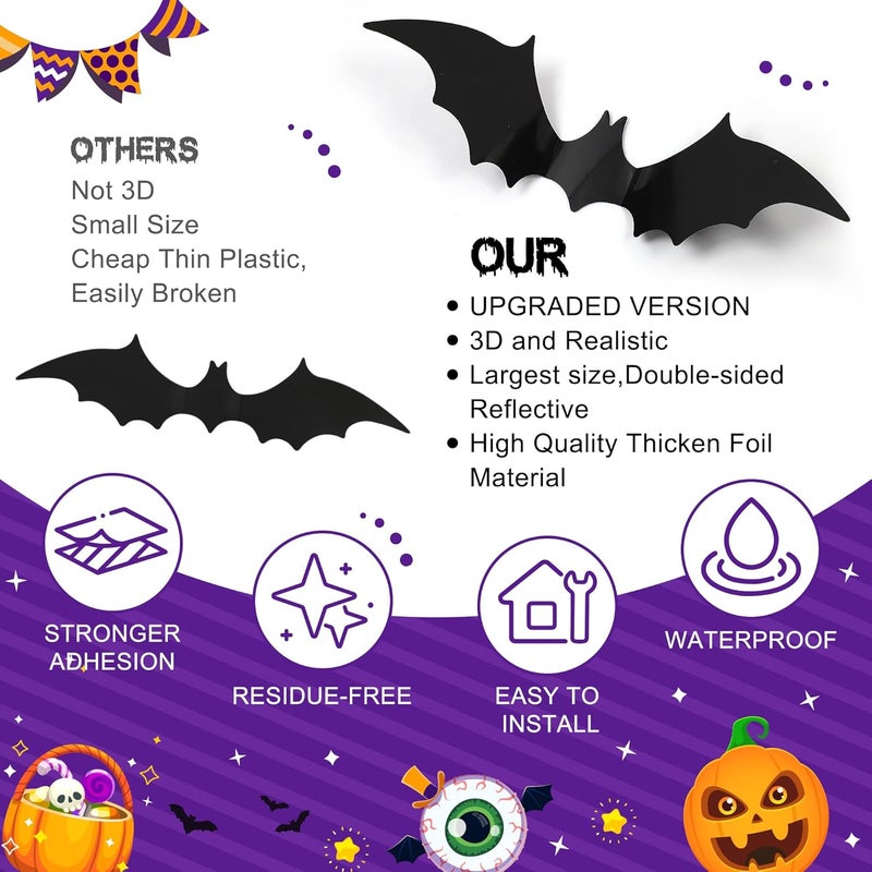 Bamamon 96 Pcs Bats Halloween Decoration Stickers, 3D Bat Wall Decor 5 Size Realistic PVC Black Orange Purple Bats DIY Home Decor Wall Decal Bathroom Indoor Outdoor Window Décor Halloween Party Supplies - Image 4
